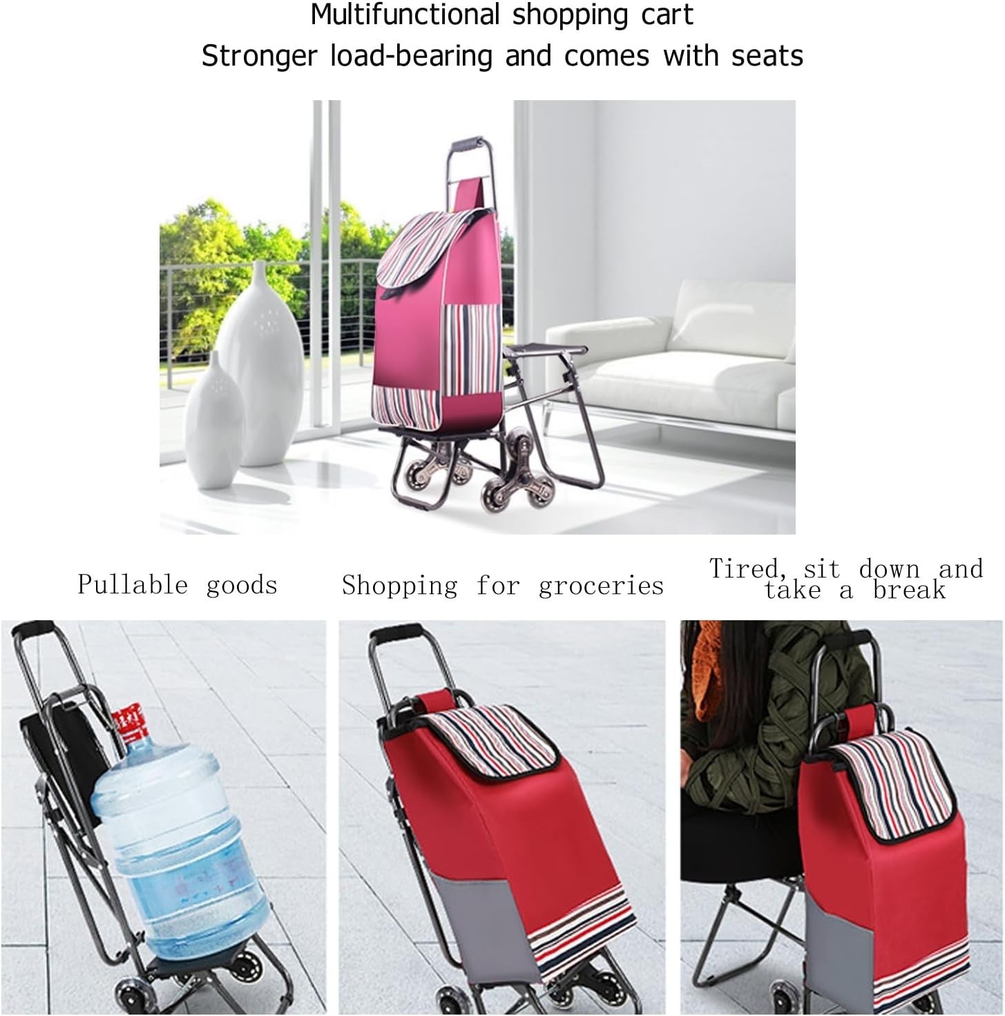 Foldable Stair Climber Shopping Trolley w/ Seat 6-Wheel Waterproof Portable Cart