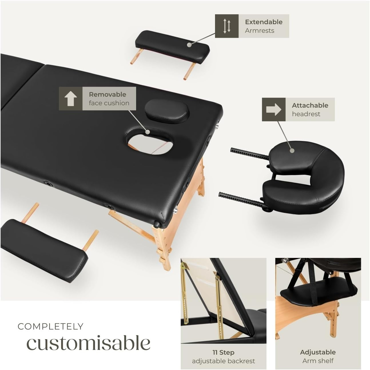 Portable 3 Zone Massage Table Foldable Therapy Beauty Bed 61cm Adjustable Black