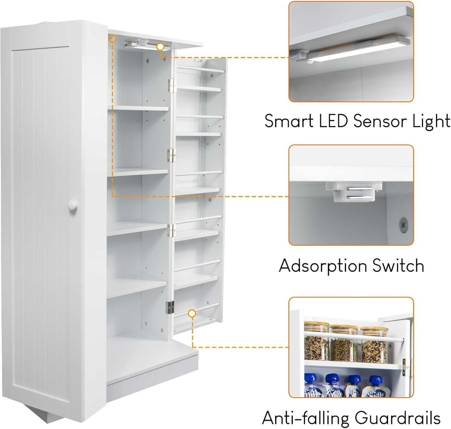 LED Pantry Cabinet Freestanding Storage Cupboard with Motion Sensor Light