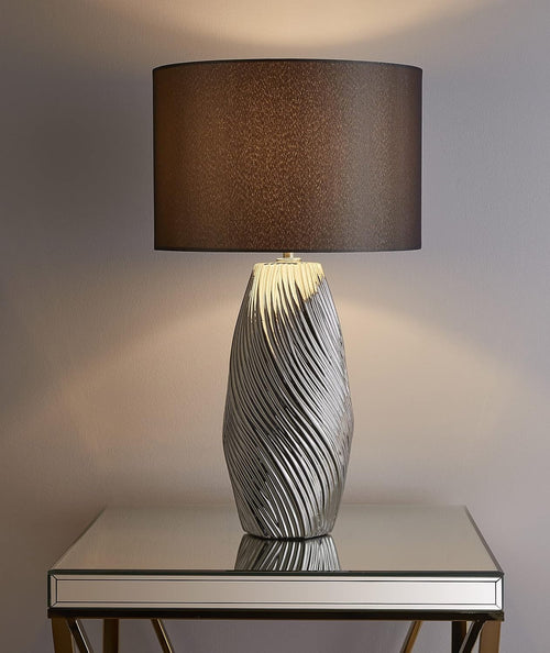 Tall Silver Ceramic Table Lamp with Dark Grey Swirl Shade, 52cm