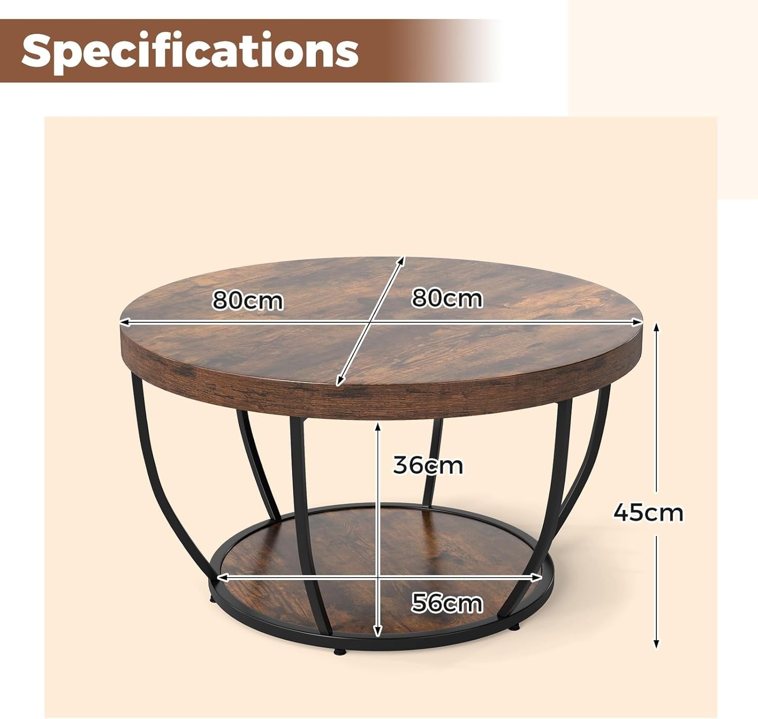 Round 2-Tier Coffee Table with Storage Shelf, Industrial Metal Frame, Rustic Bro