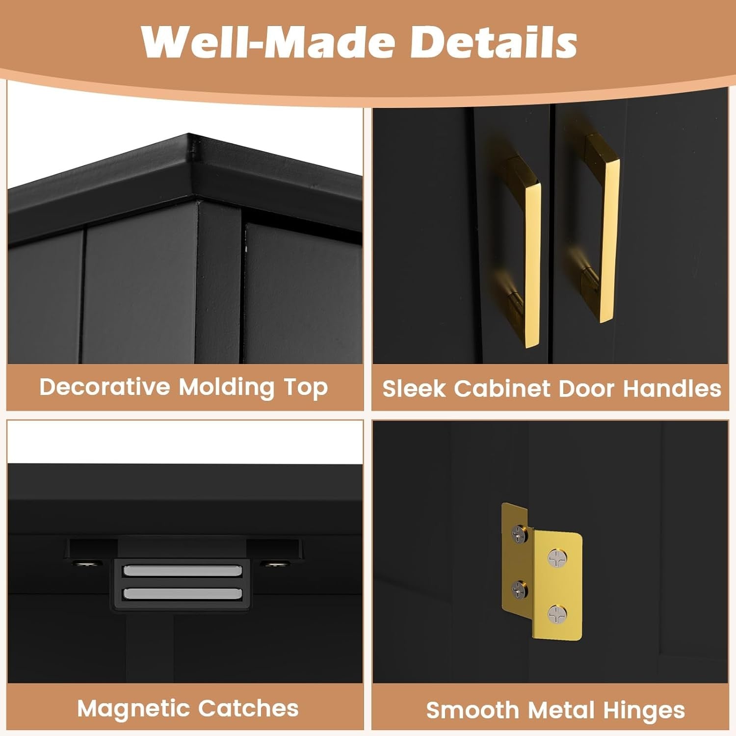 Black 4 Door Storage Cabinet Freestanding Cupboard with Adjustable Shelves 110cm