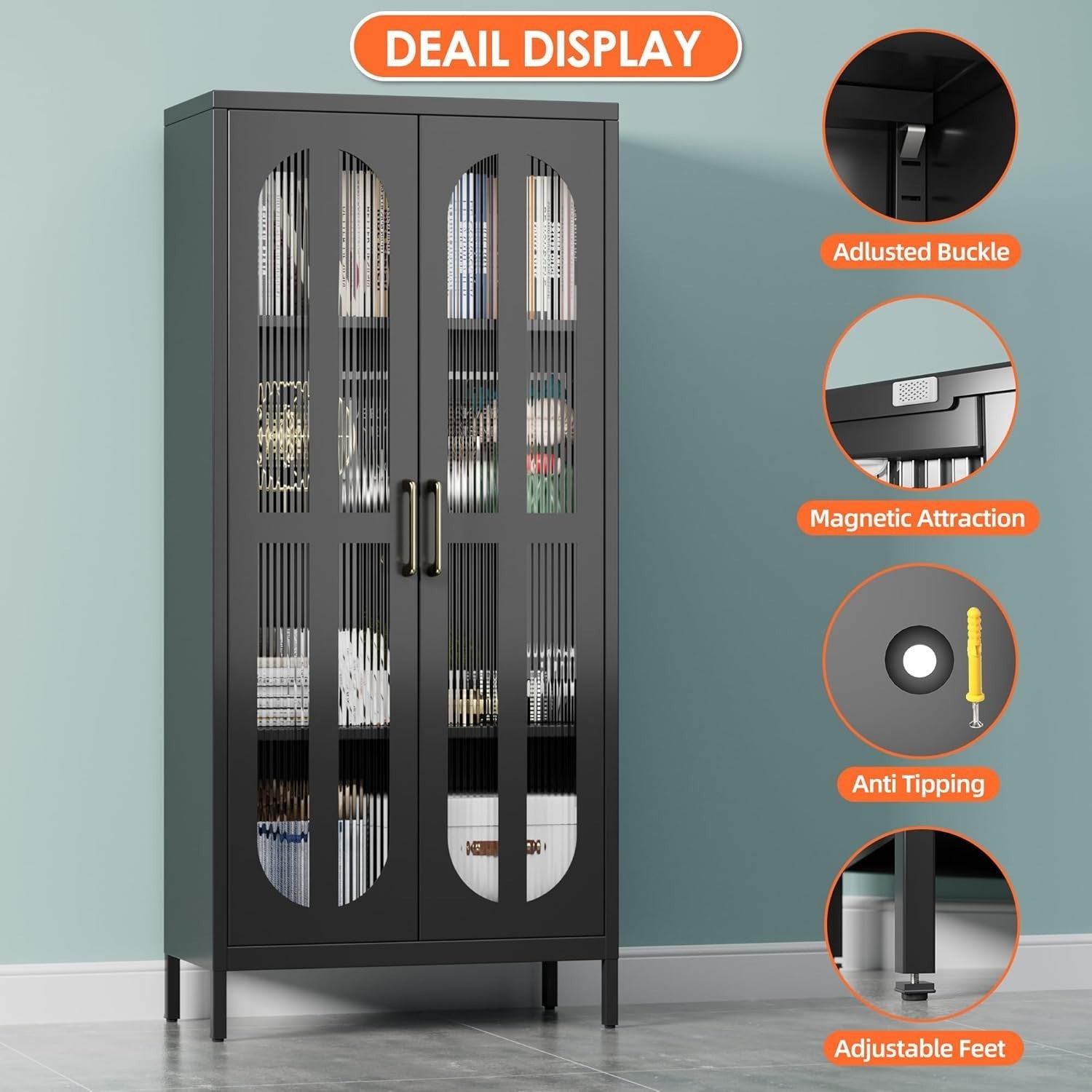 Adjustable 4-Tier Black Metal Storage Cabinet with Glass Doors – 155cm