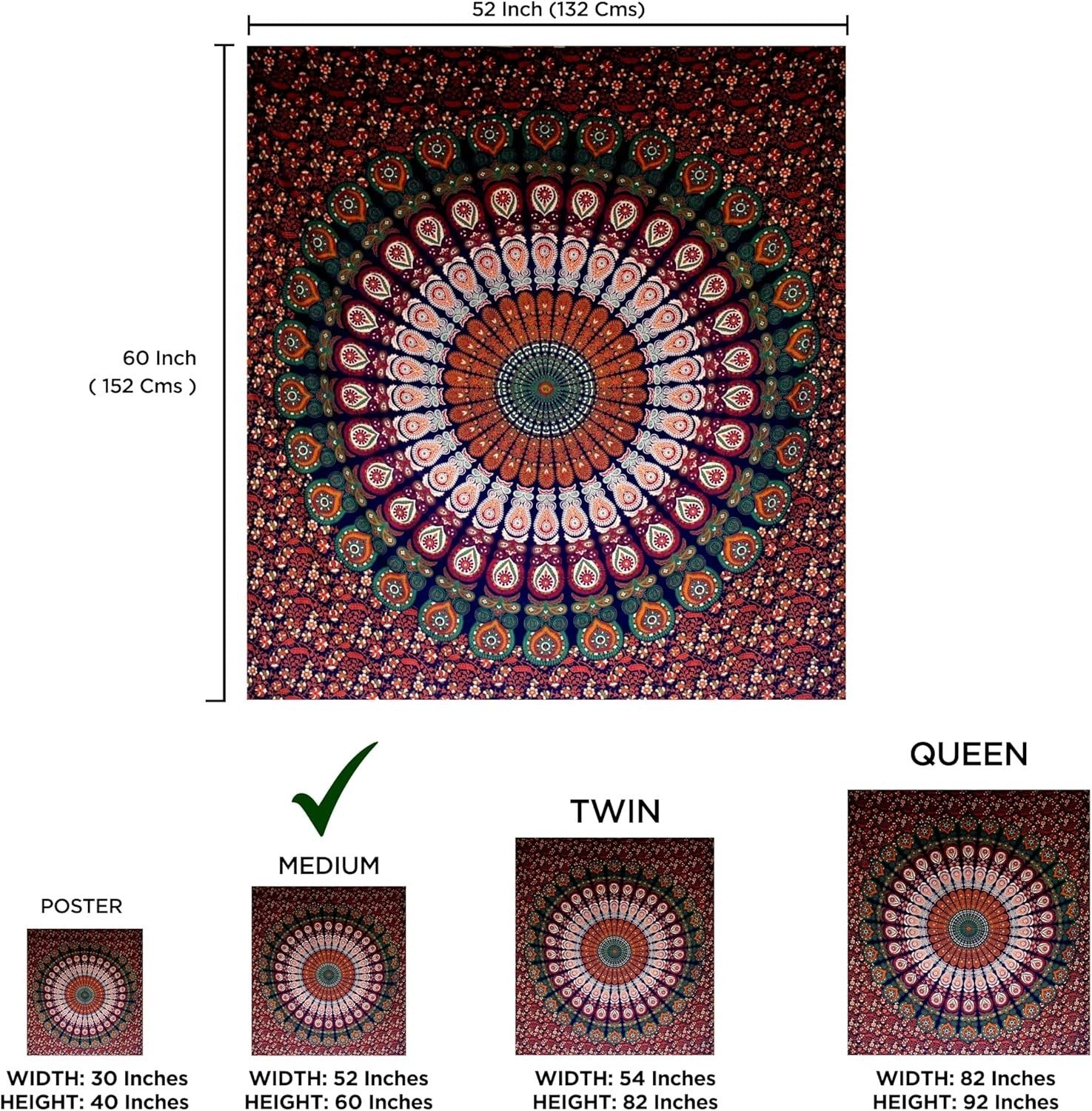 Blue Orange Mandala Tapestry 52x60in Boho Wall Hanging Cotton