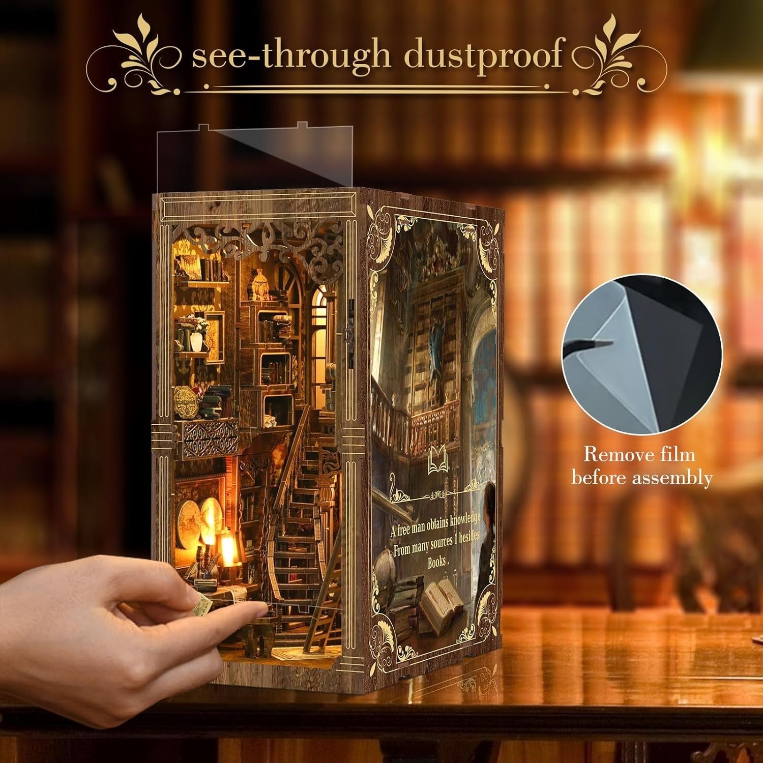 DIY Book Nook Kit with LED Lights – 3D Wooden Puzzle Shelf Insert Gift