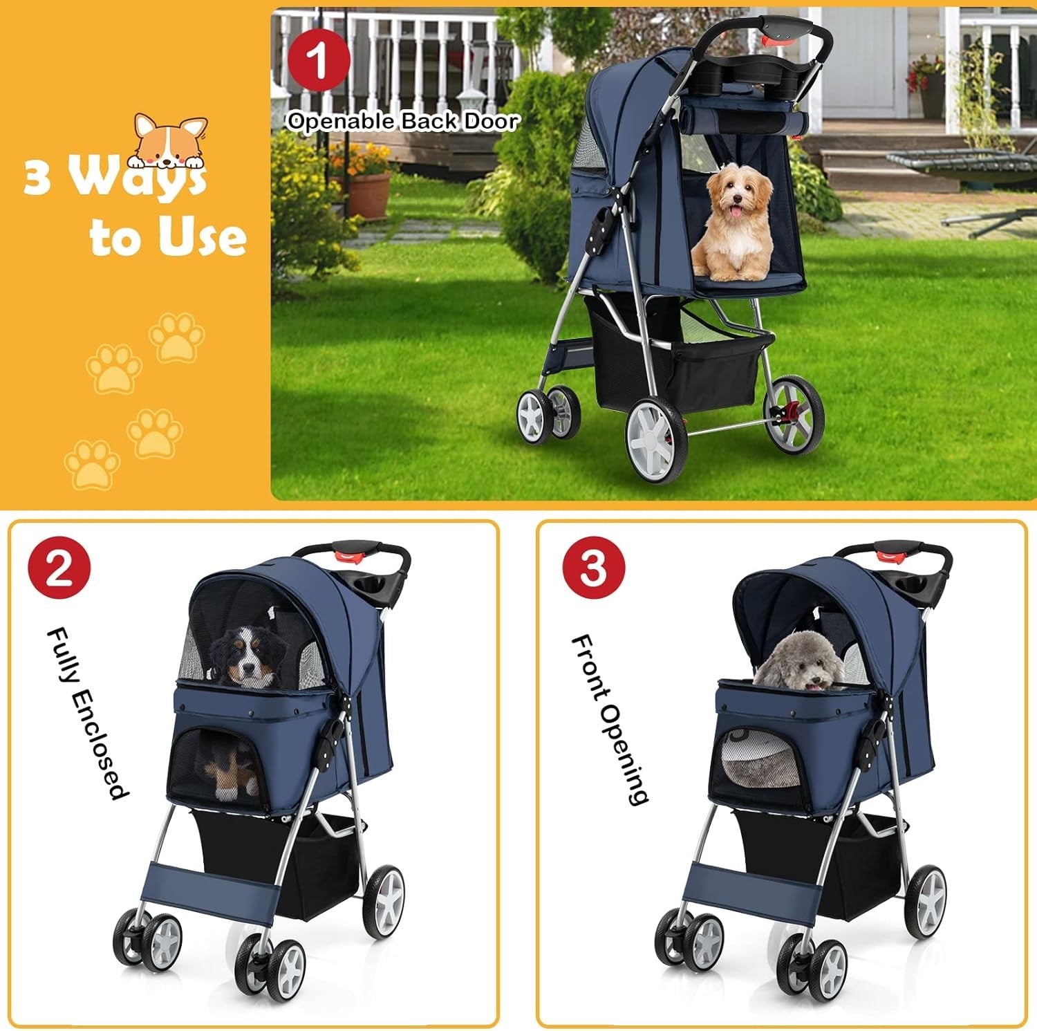 Pet Stroller Foldable Dog Cat Pushchair 4 Wheels Small Medium Pets 15kg