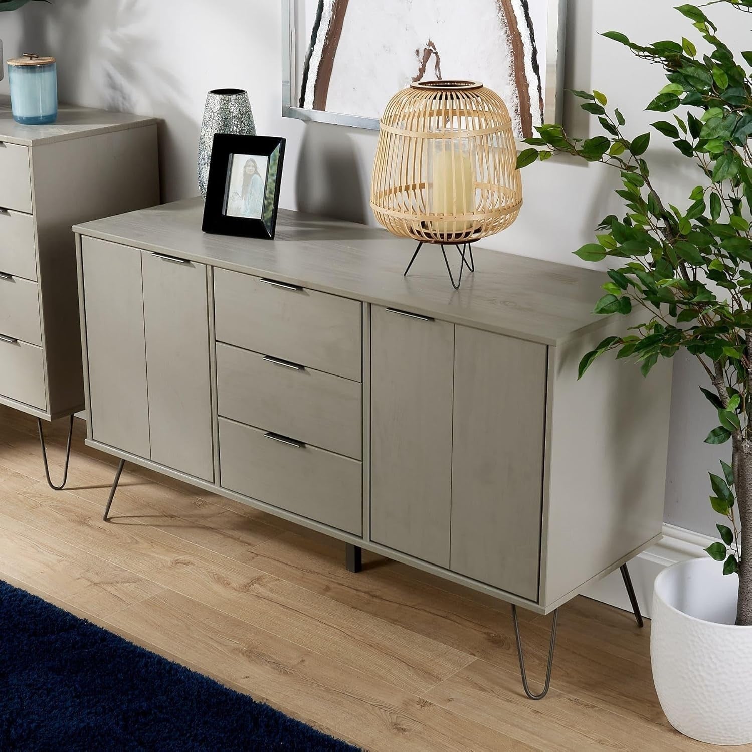 Grey Sideboard Cabinet 3 Drawers 2 Doors Metal Legs Modern Storage Unit