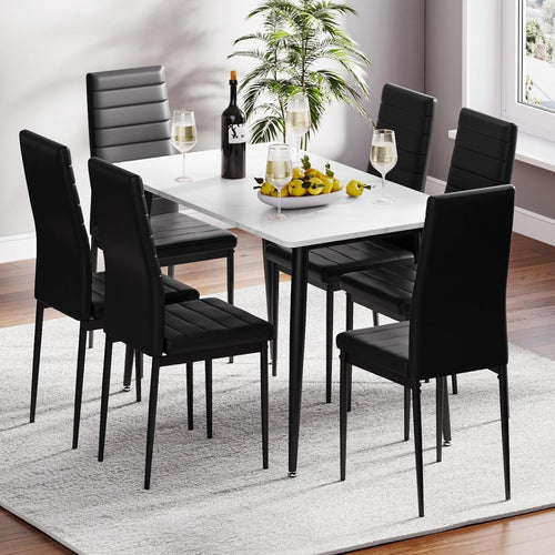 6 Seater Marble Dining Table Set Faux Leather Chairs Modern Kitchen
