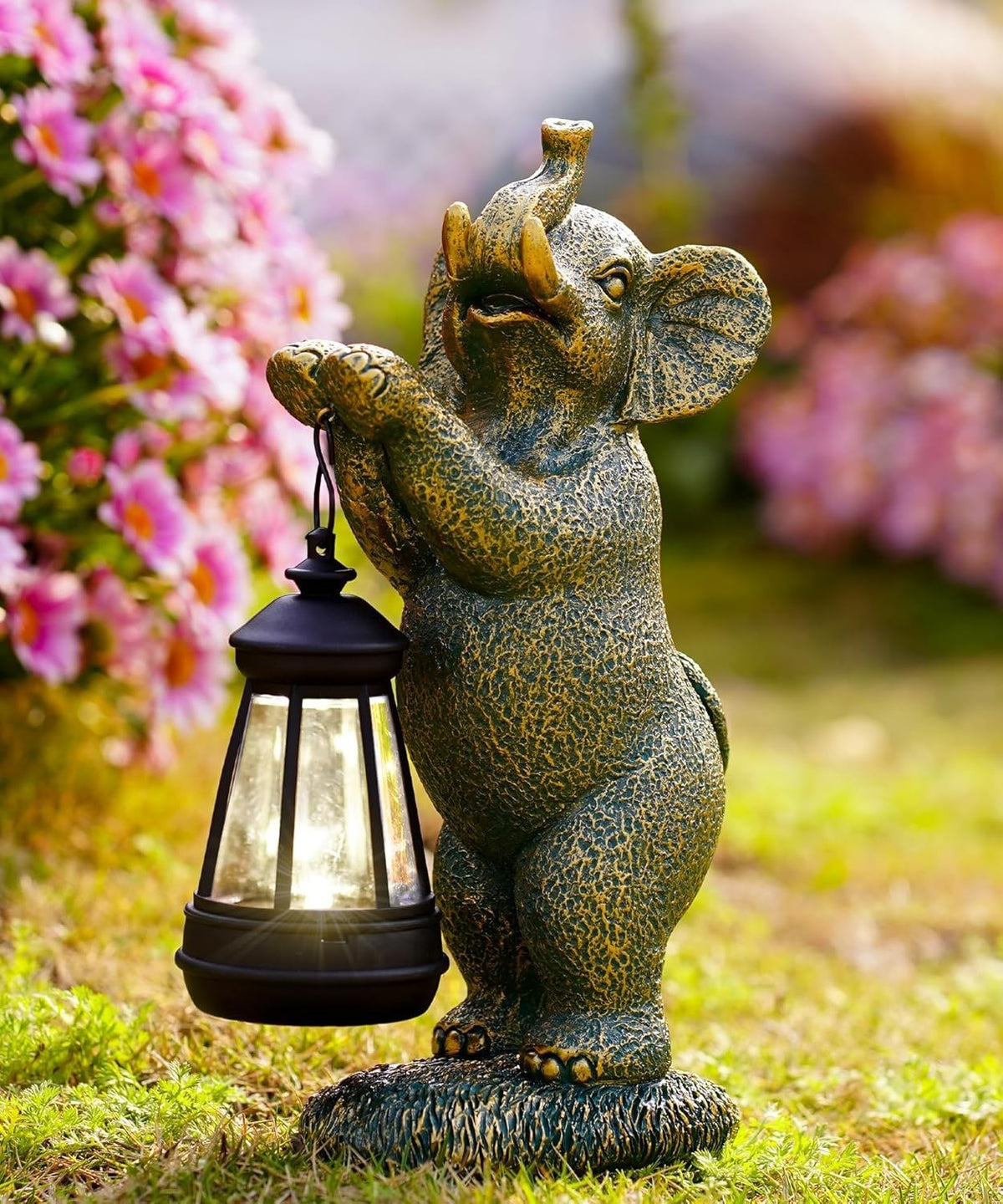 Solar Elephant Garden Ornament with Lantern | Outdoor LED Statue Patio Lawn