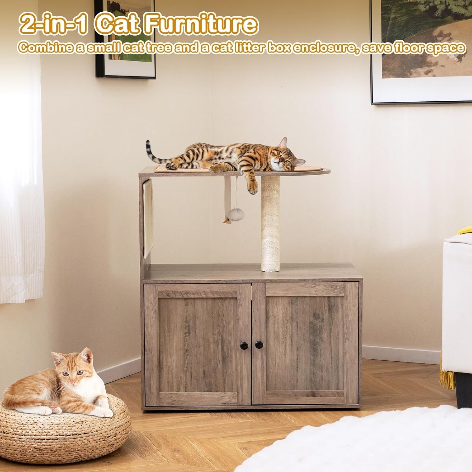 Cat Tree with Hidden Litter Box Cabinet 2 in 1 Scratching Post Condo