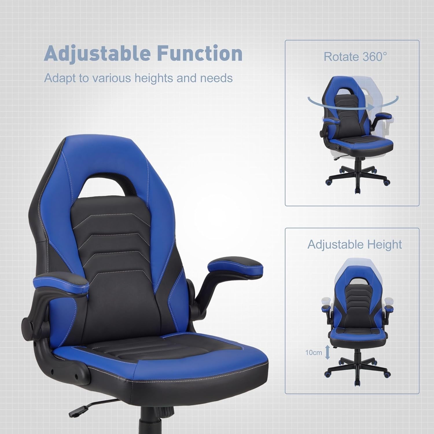 Ergonomic Gaming Chair Flip-Up Arms Faux Leather Swivel Blue