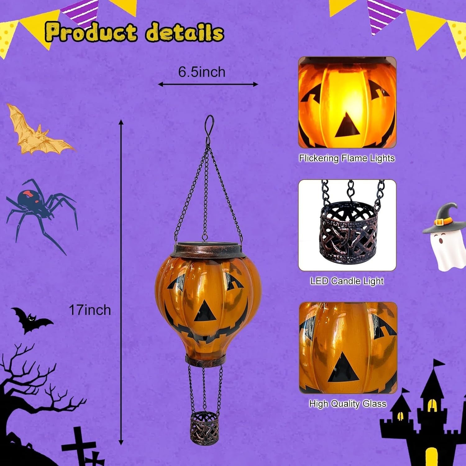 Halloween Pumpkin Hot Air Balloon Solar Lantern LED Flicker Light Outdoor Decor