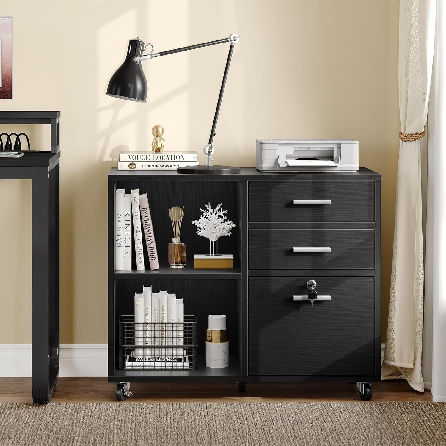 Black Rolling File Cabinet 80x40x65cm 3 Drawer Printer Stand