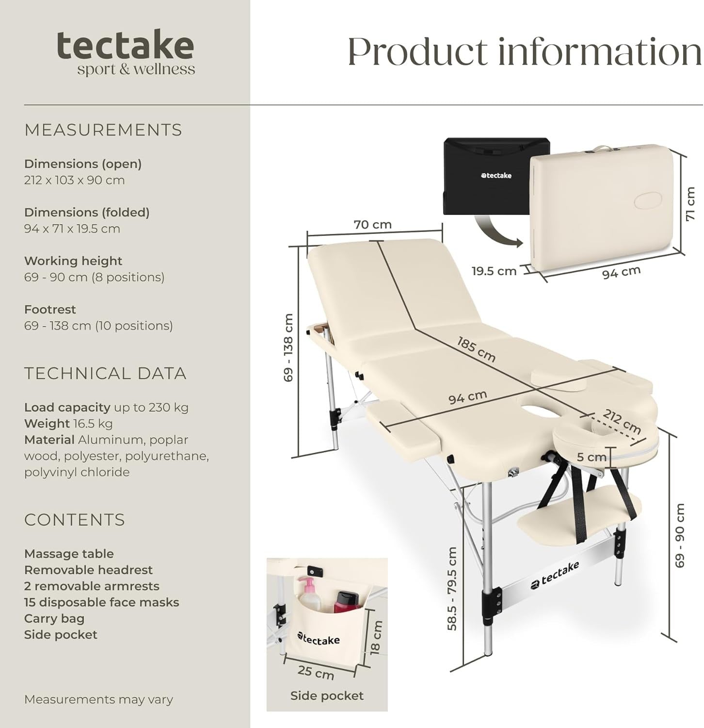 Portable 3 Zone Massage Table Foldable Aluminium Spa Beauty Bed 70cm Beige
