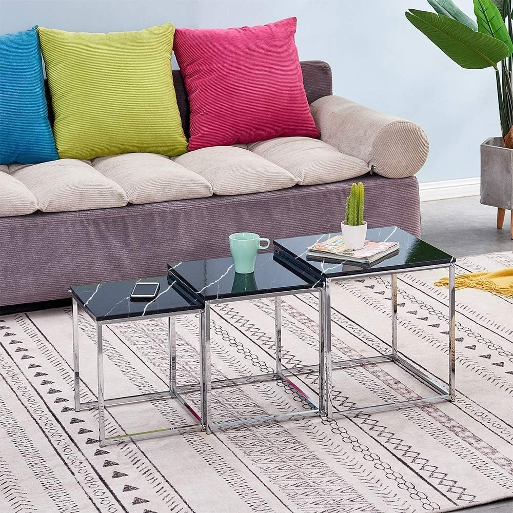 Modern Square End Table Black Marble Look Top Metal Legs Nightstand Accent