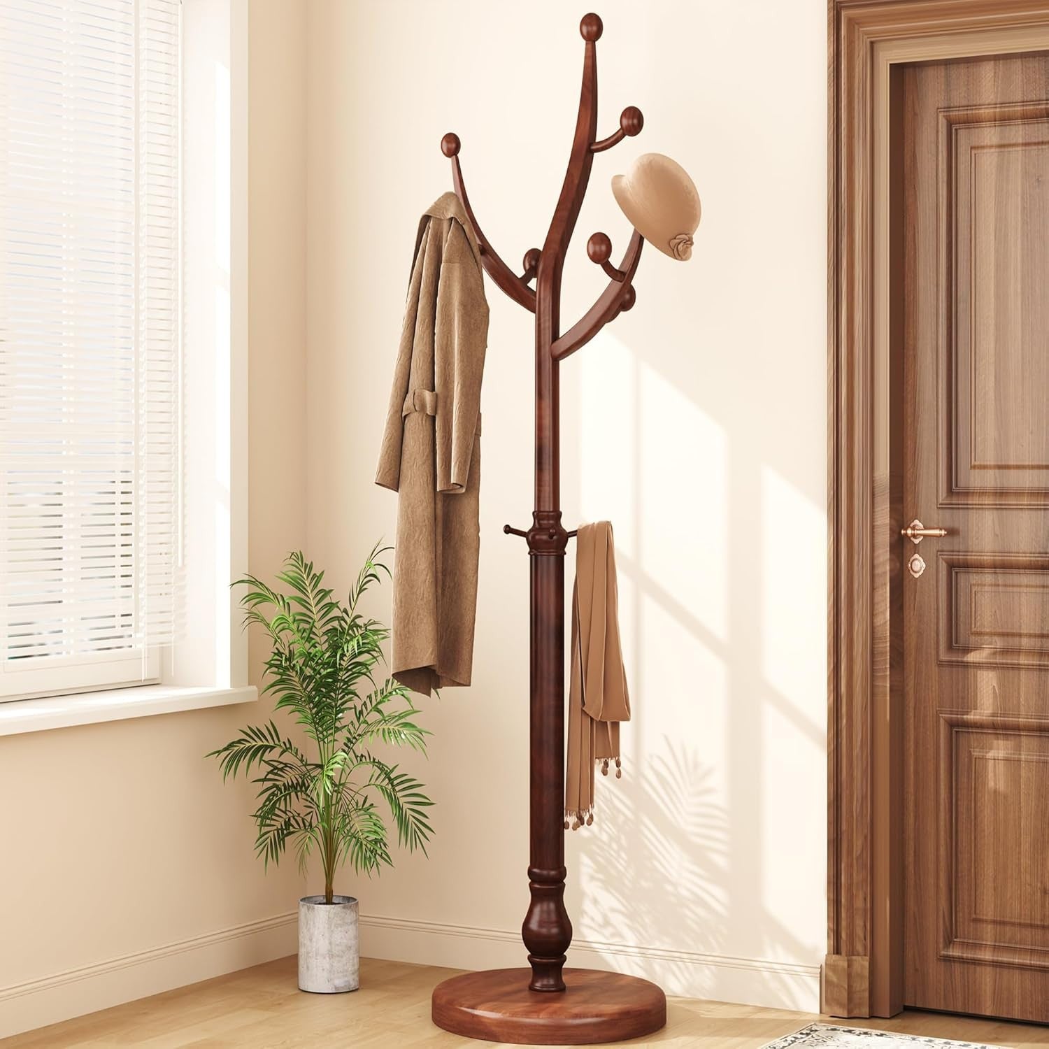 Walnut Wooden Coat Rack Stand 11 Hooks Freestanding Hall Tree with Round Base