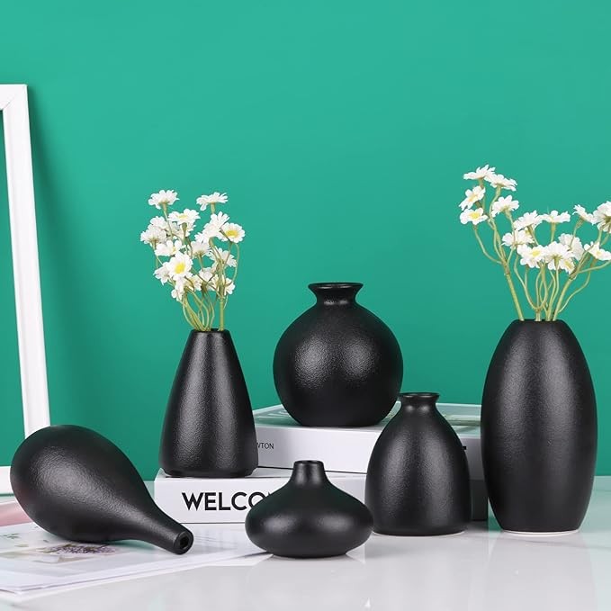 Black Ceramic Vase Set of 6 Matte Modern Bud Vases Home Decor Centerpiece