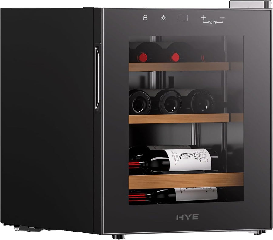 15 Bottle Wine Cooler Fridge Glass Door Quiet LED Wooden Shelves Home Bar