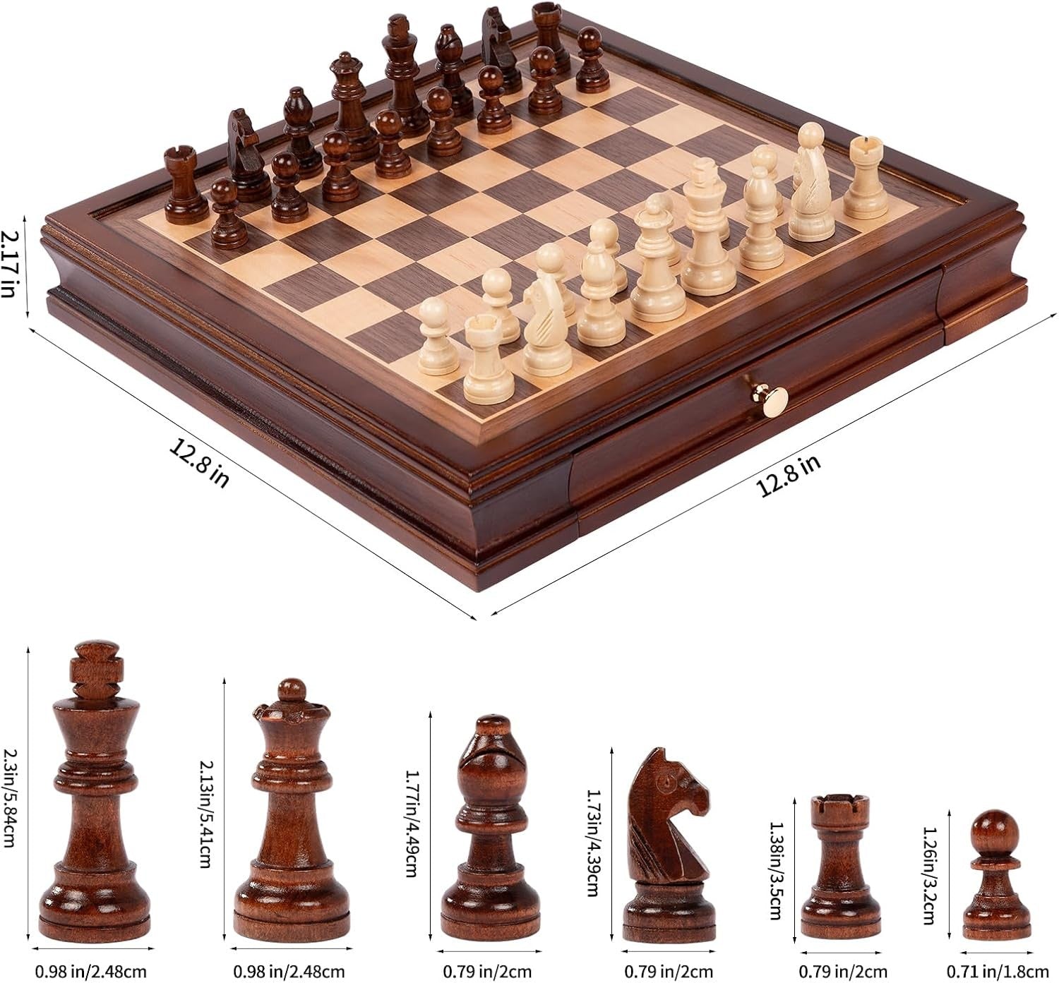 12.8" Magnetic Wooden Chess Set with Storage Drawers Luxury Board Game