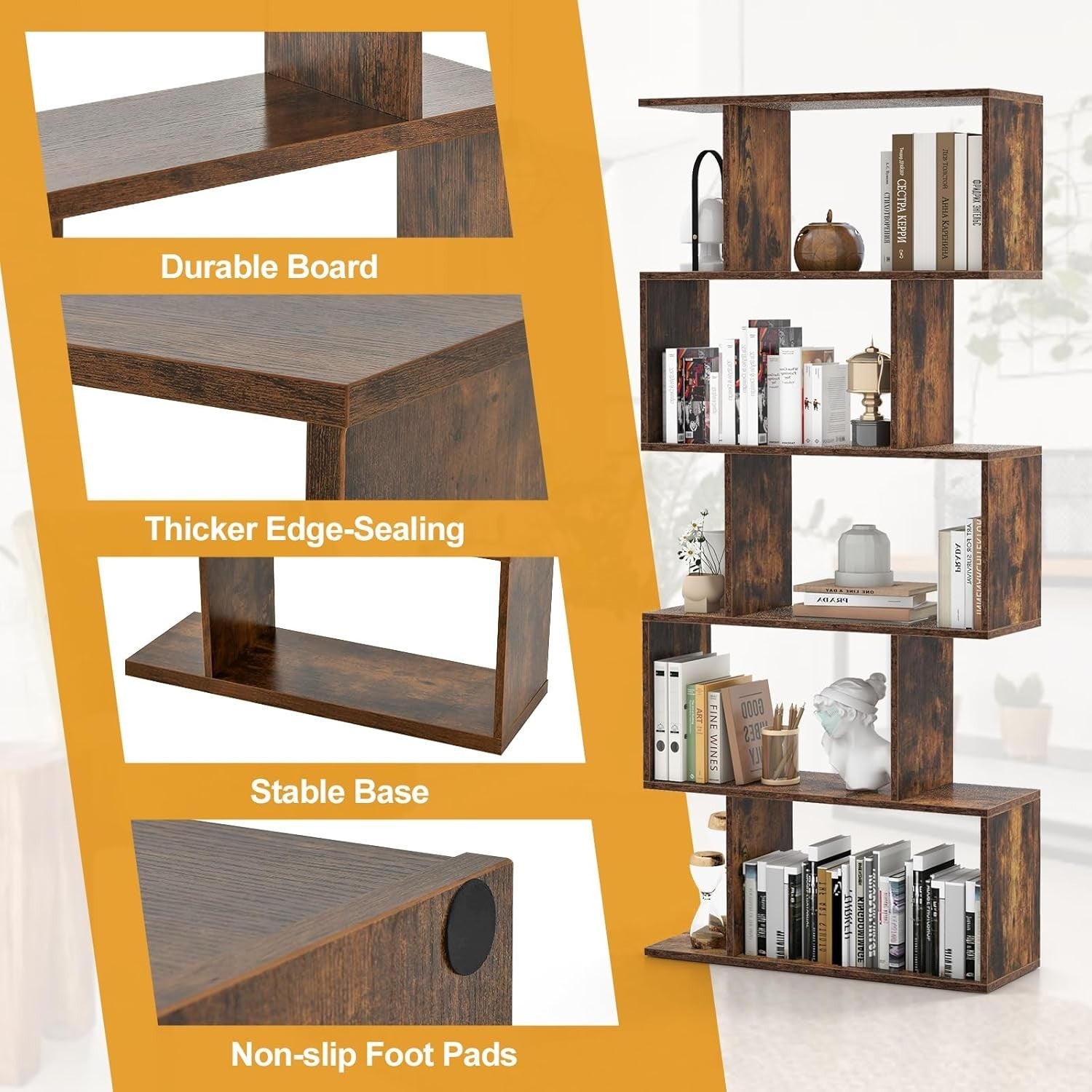 S Shaped 5 Tier Wooden Bookcase Freestanding Display Storage Shelf Rustic Brown