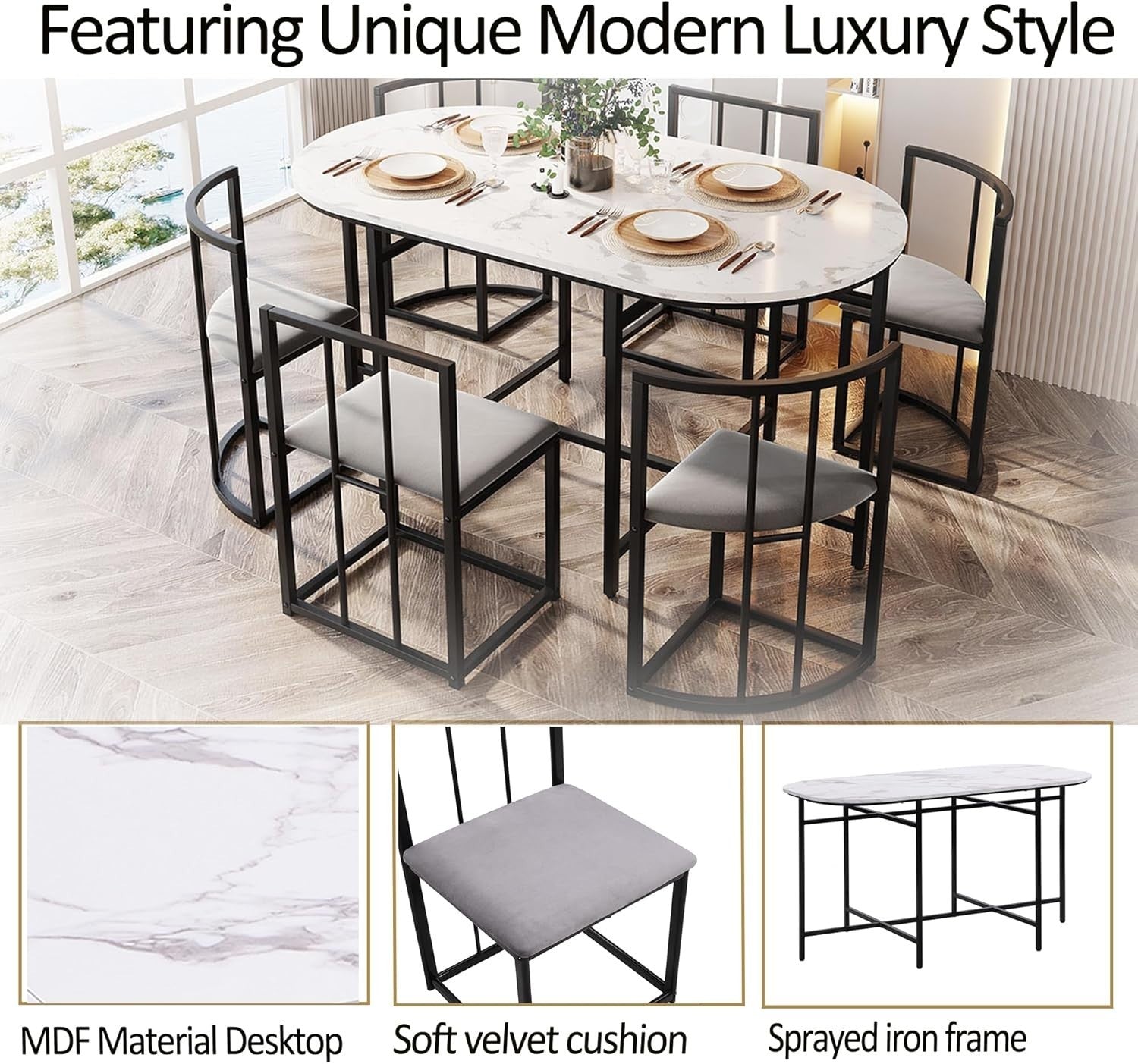 Modern 6-Piece Dining Table Set with Storage & Cushioned Chairs, 140x80x76cm