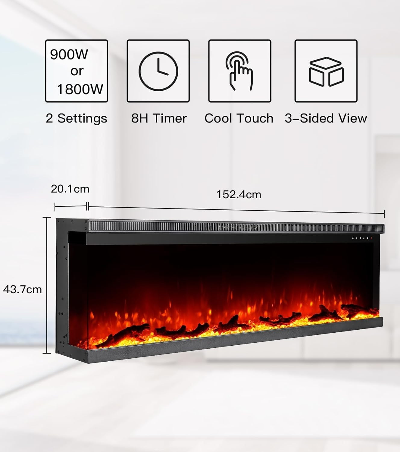 Luxury 3-Sided Electric Fireplace Recessed Wall Mounted with Remote & Timer