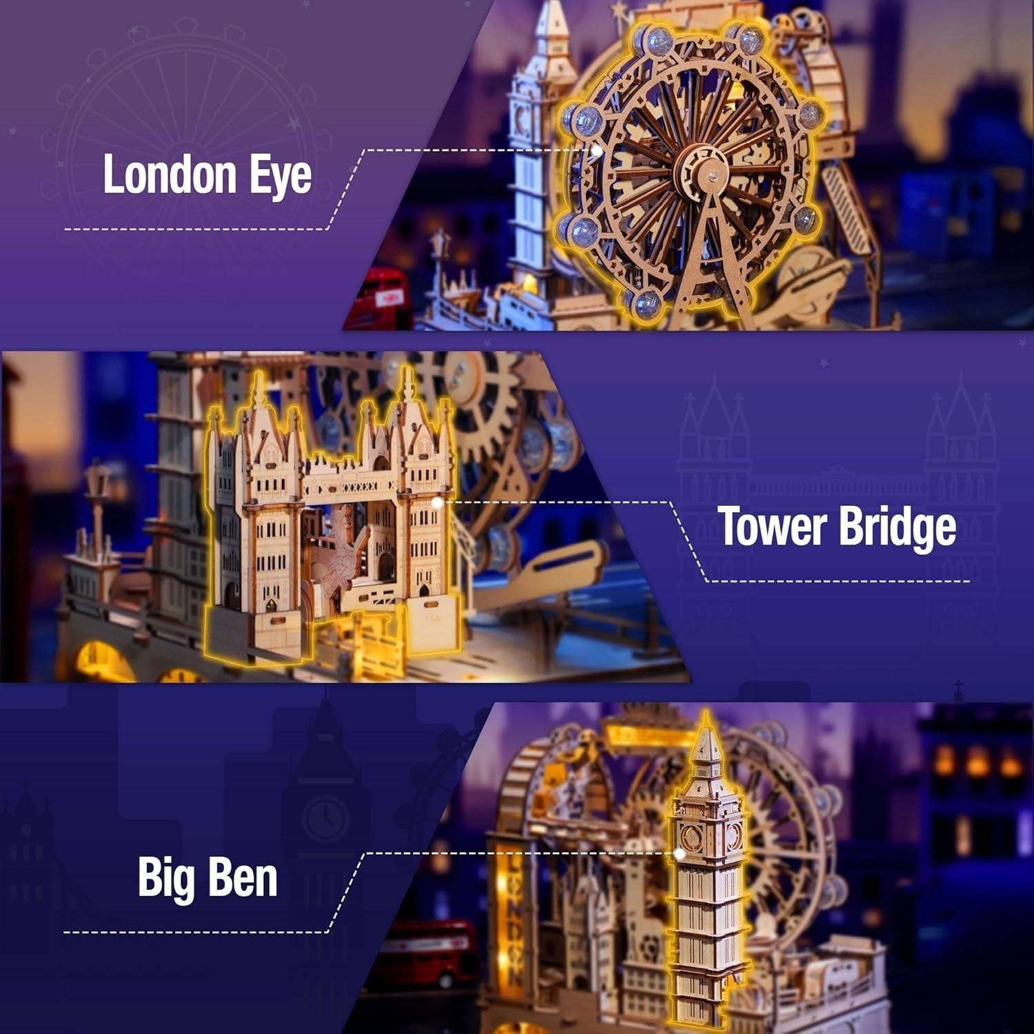 3D Wooden London Landmark Puzzle with Marble Track & LED Lights