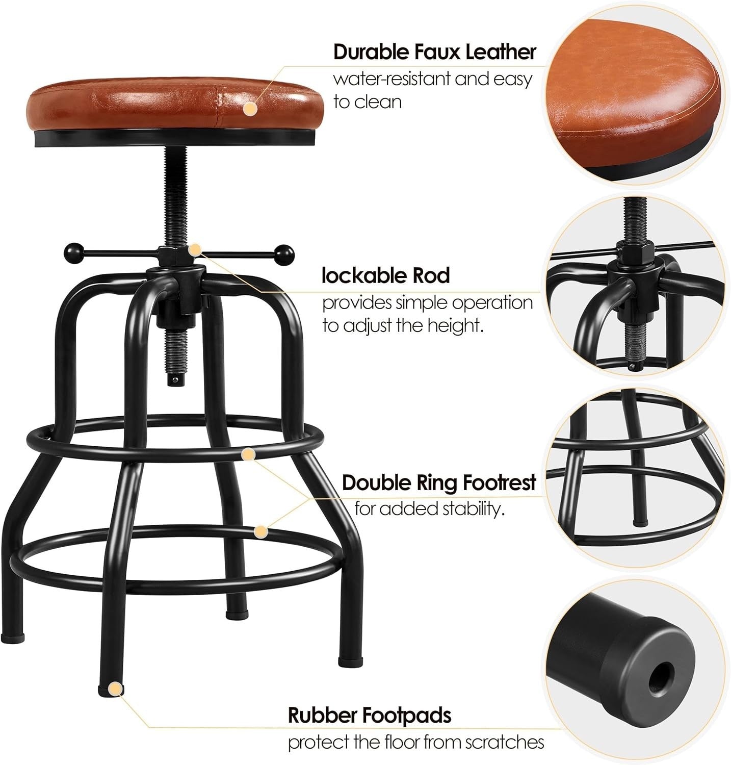 Light Brown Adjustable Bar Stool – Round Rustic Kitchen Counter Chair