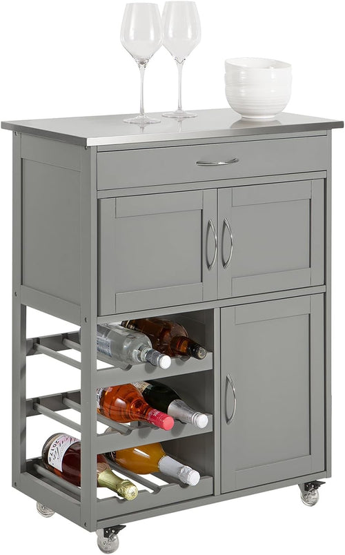 Kitchen Trolley Storage Cart with Wine Rack Drawer Wooden Top Wheels