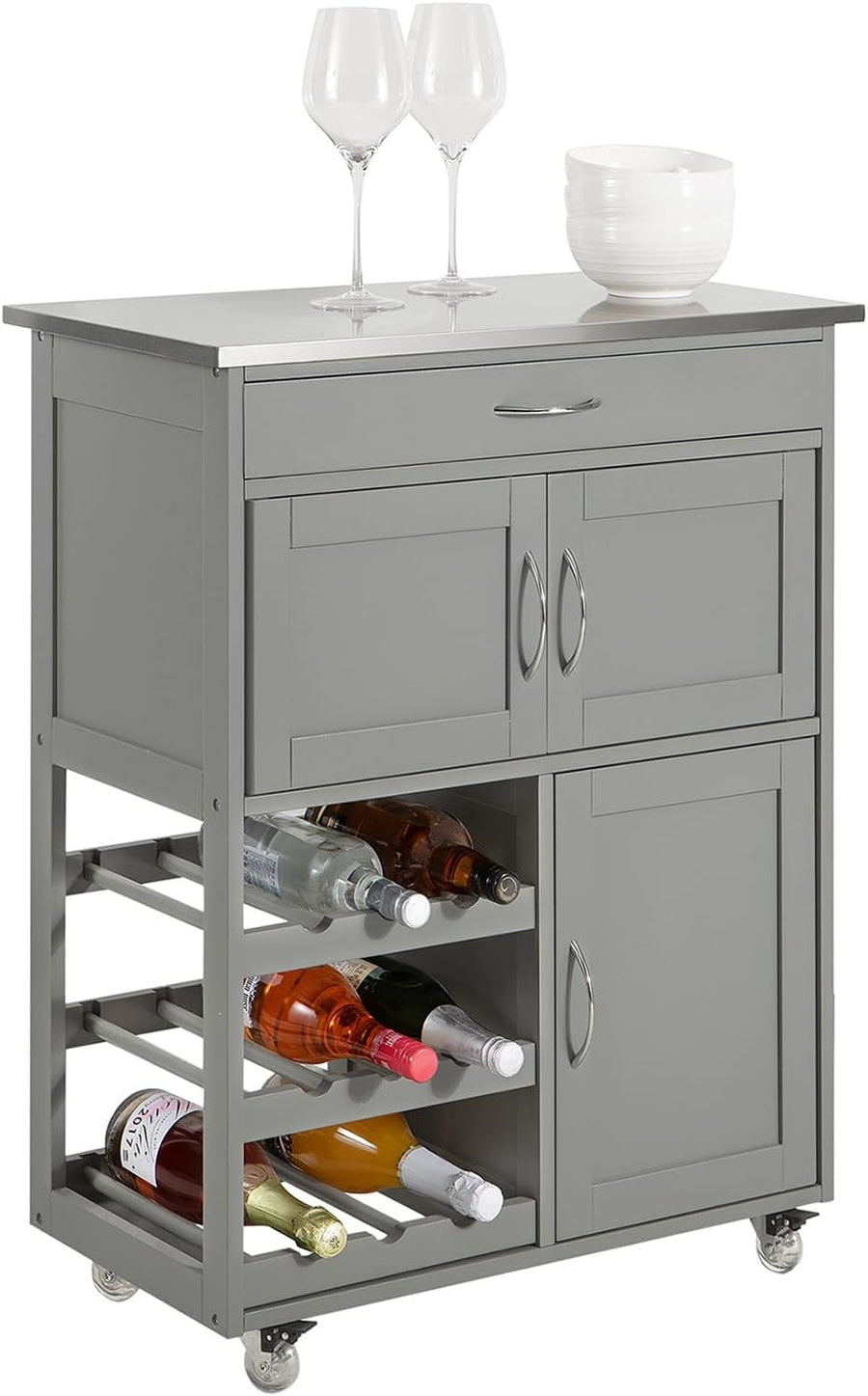 Kitchen Trolley Storage Cart with Wine Rack Drawer Wooden Top Wheels