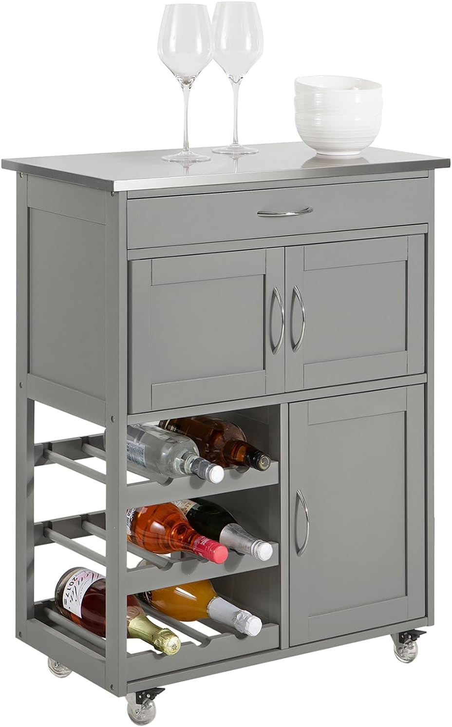 Kitchen Trolley Storage Cart with Wine Rack Drawer Wooden Top Wheels