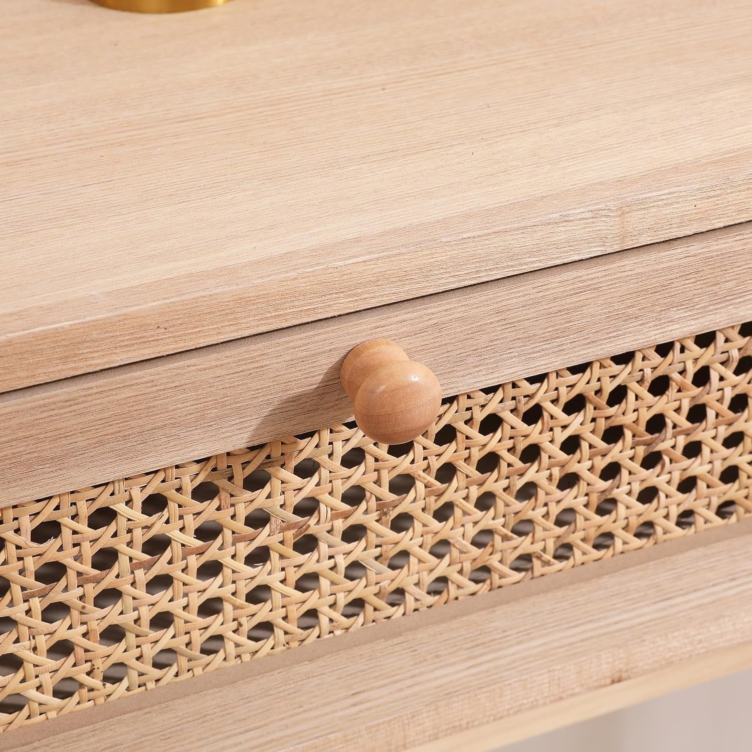 Modern Console Table with 2 Drawers, Rattan Storage, Pine Legs, Natural Wood Ton