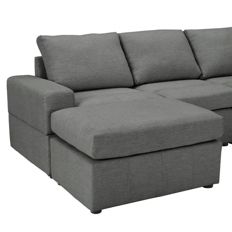 4 Seater Modular Sofa with Footstools Dark Grey Linen Padded Couch