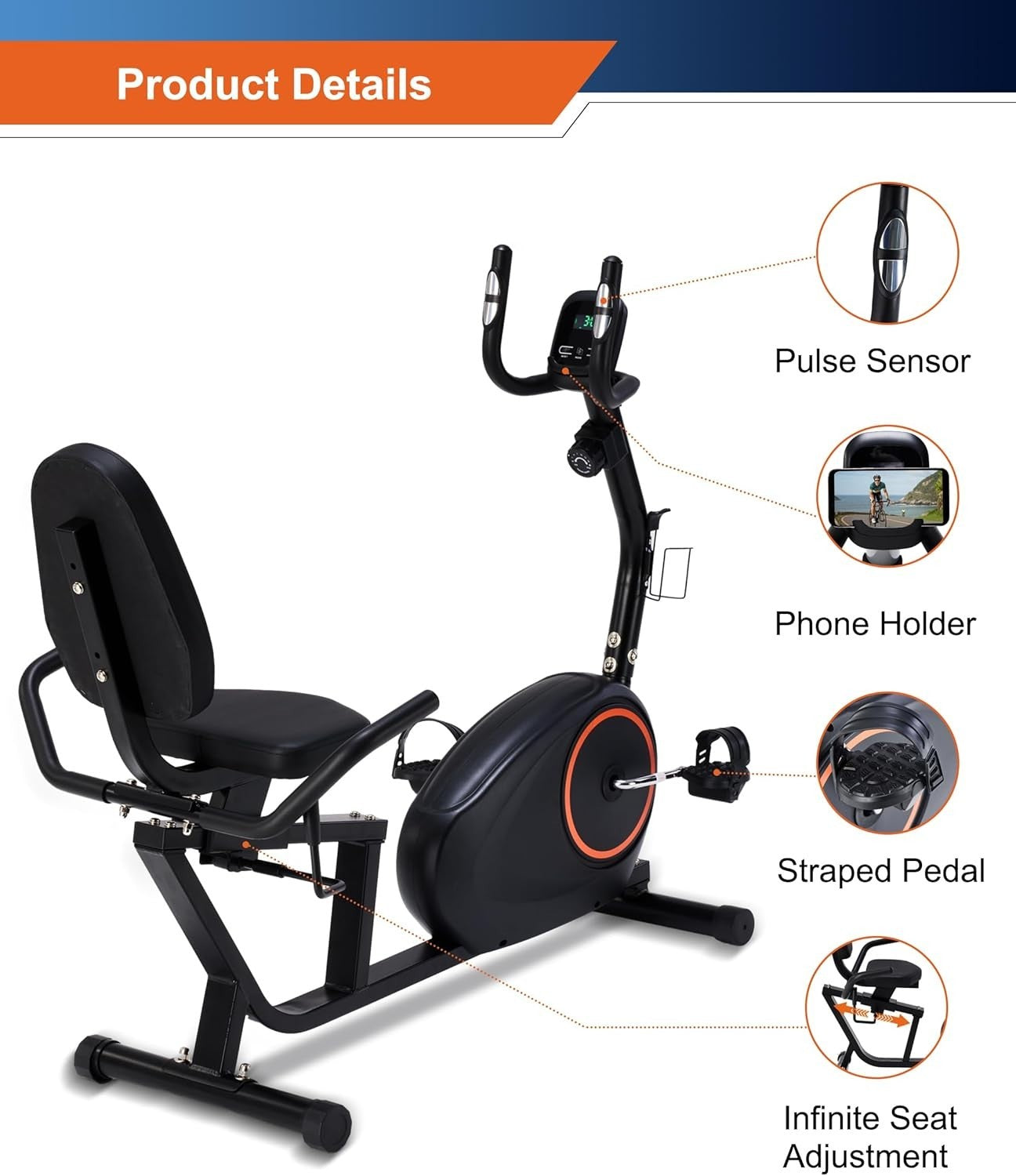 Recumbent Exercise Bike 400LB Capacity Magnetic 16-Level Seat Adjust LCD Pulse