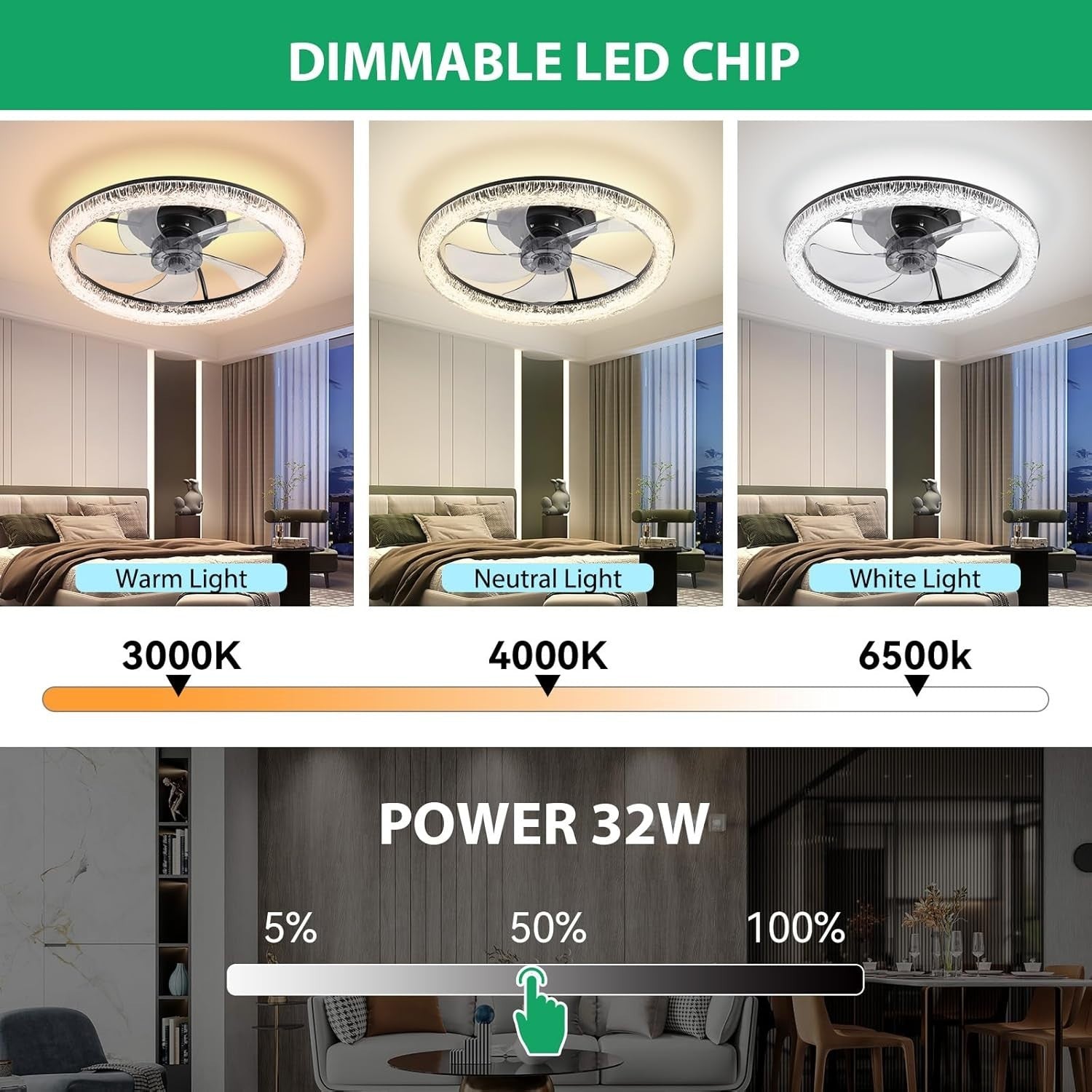 50cm Ceiling Fan Light, Remote Control, 6 Speed, Quiet LED Dimmable