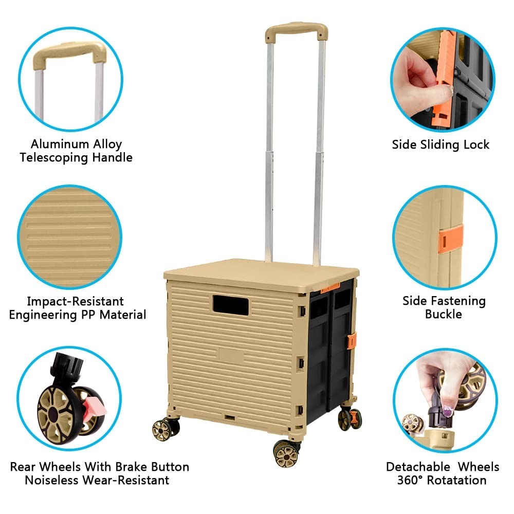 50L Folding Shopping Trolley Cart 60KG Heavy Duty with 360° Wheels