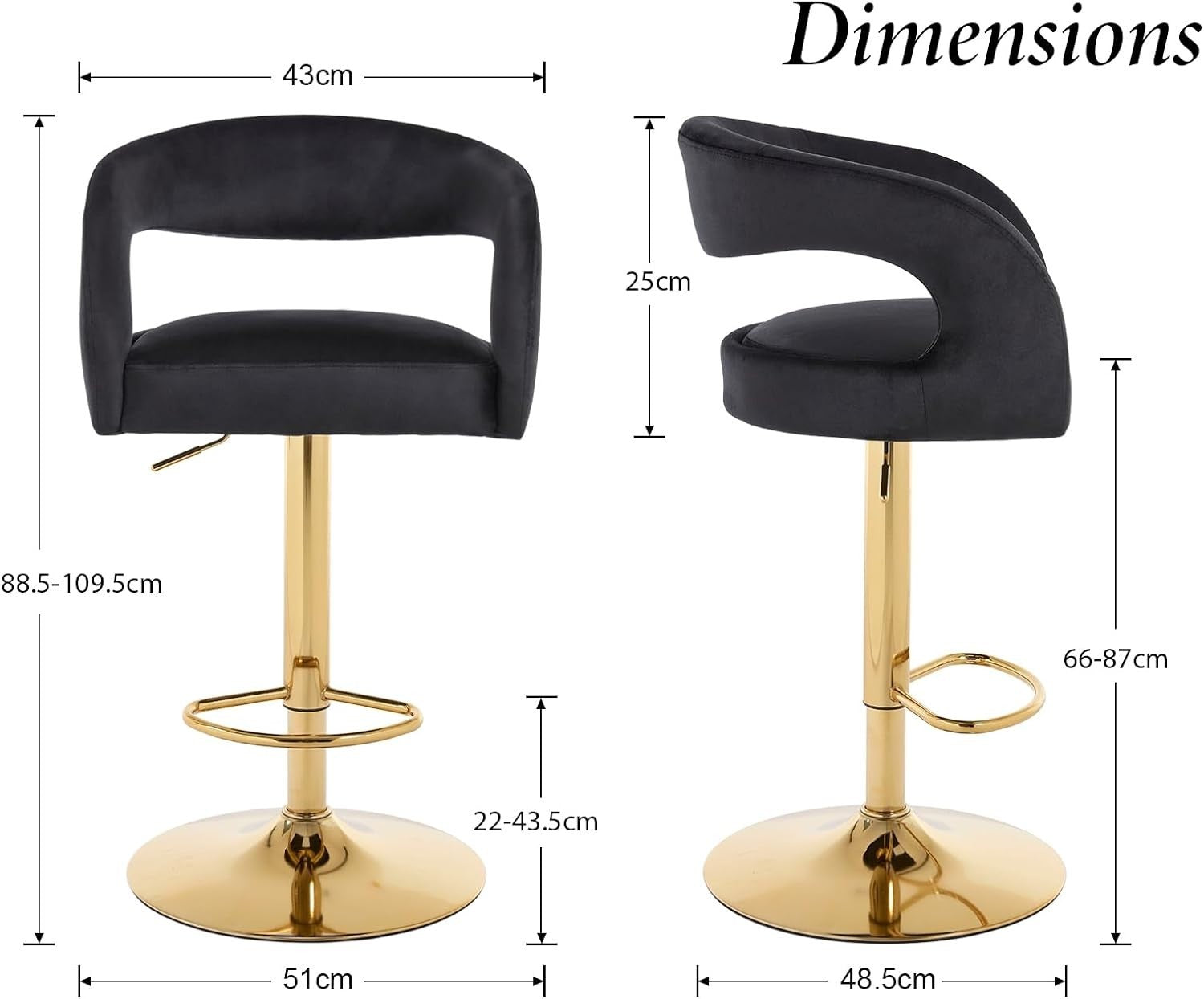 Adjustable Black Velvet Bar Stools Set of 2 Swivel Kitchen Counter