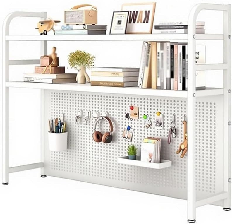 White 2-Tier Desktop Bookshelf Organizer | Metal Desk Storage Rack 75x20x98cm