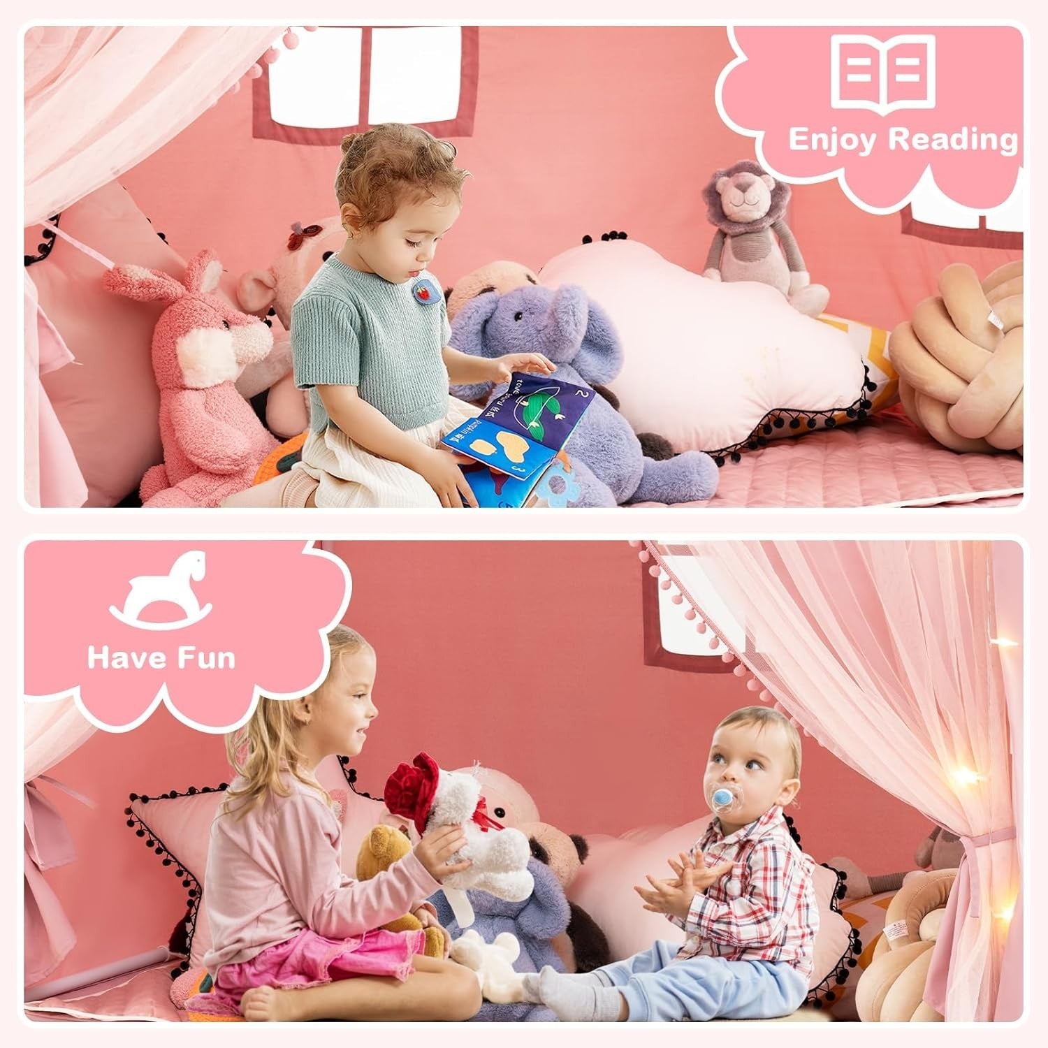 Large Kids Play Tent Castle Indoor w Star Lights Mat Windows Girls Boys