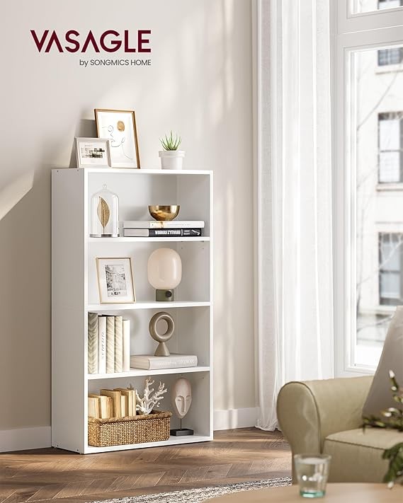 4-Tier White Bookshelf Adjustable Storage Unit Open Shelving Bookcase Home
