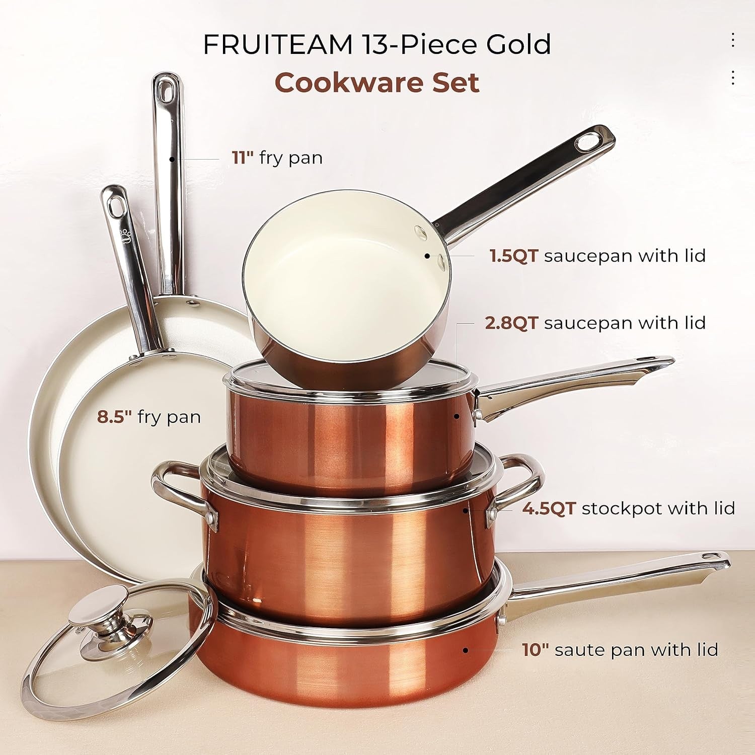 6pc Ceramic Non Stick Cookware Set Induction Oven Safe Pots Pans Rose Gold