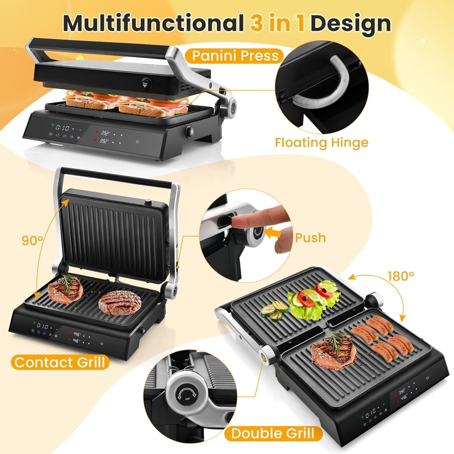 3-in-1 Panini Press Grill LED Touch Non-Stick Glass Top Adjustable