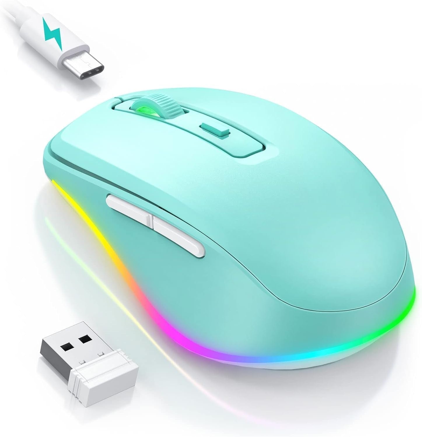 LED Wireless Mouse Rechargeable Silent USB Jiggler Green RGB