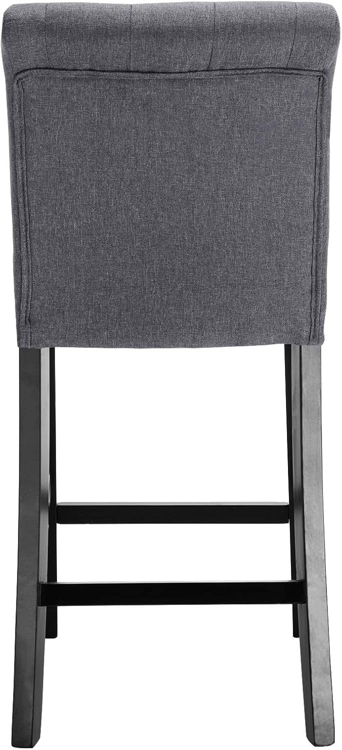 Dark Grey Linen Bar Stools Set of 2 Wooden Counter Chairs with Backrest