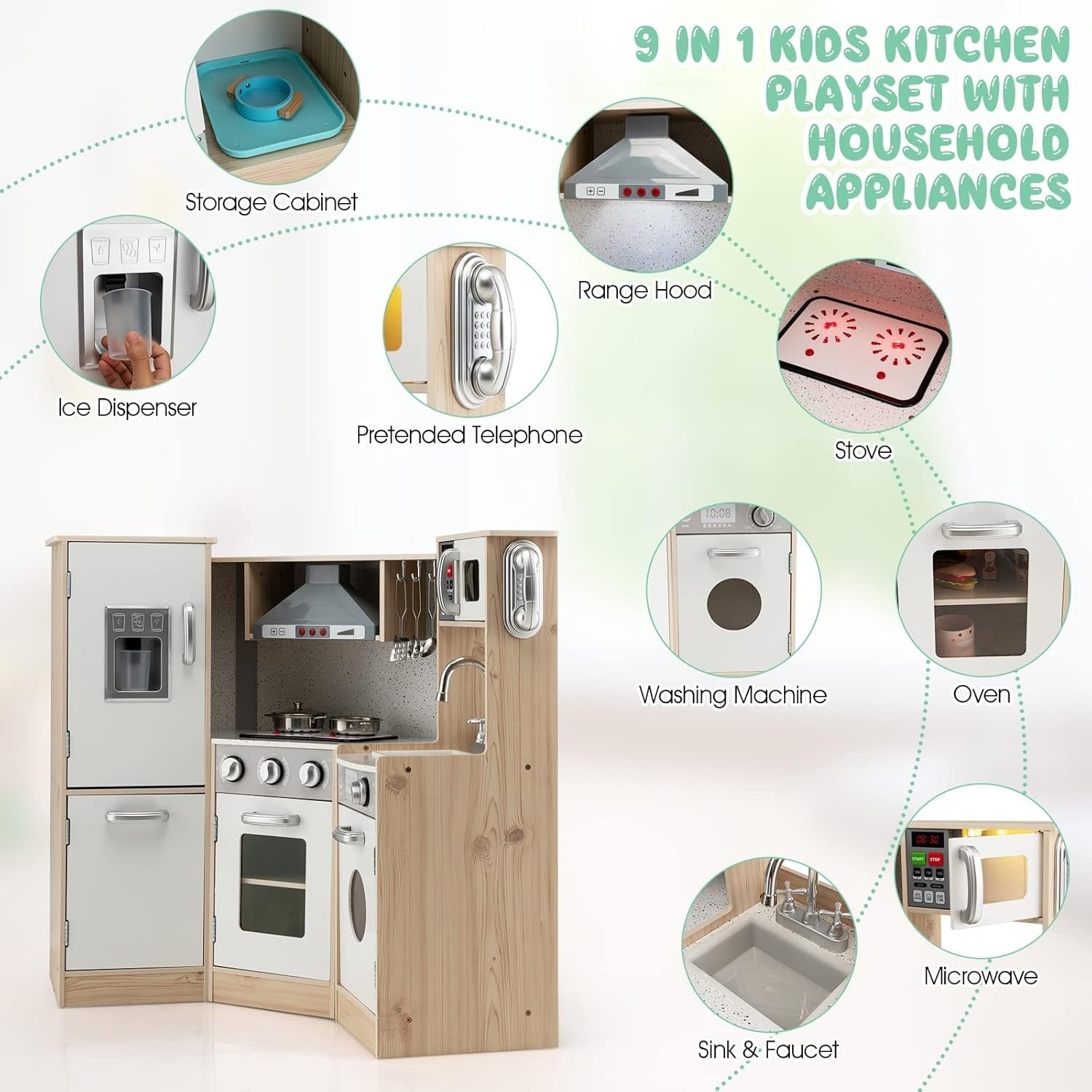Kids Corner Wooden Play Kitchen Lights Sounds Cooking Toy Playset