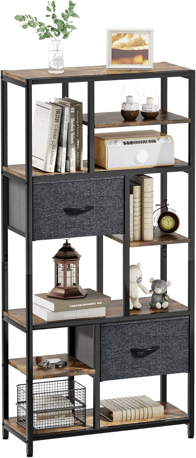 7-Tier Rustic Industrial Bookshelf with Drawers, Tall Display Storage Unit