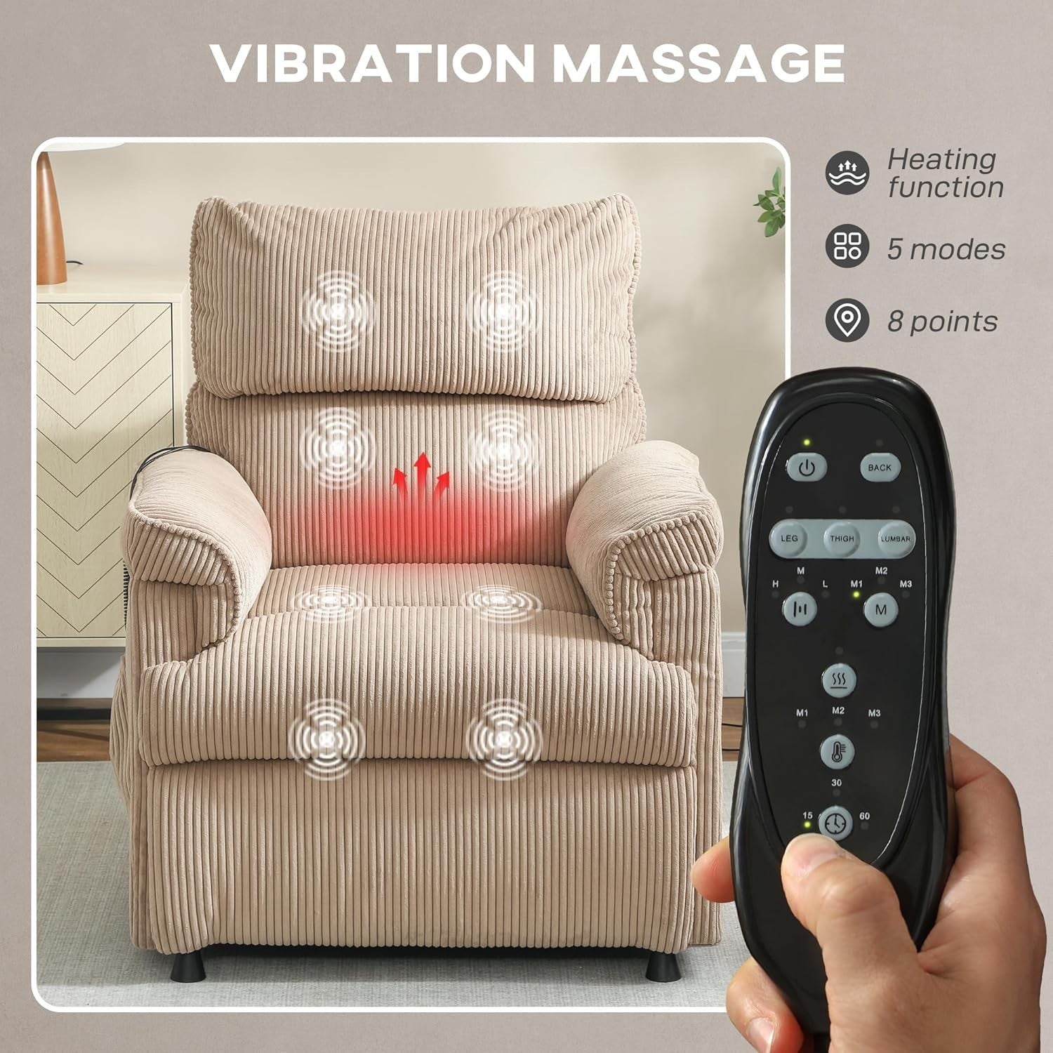 Electric Massage Recliner Chair Heat USB Corduroy Power Recliner Brown