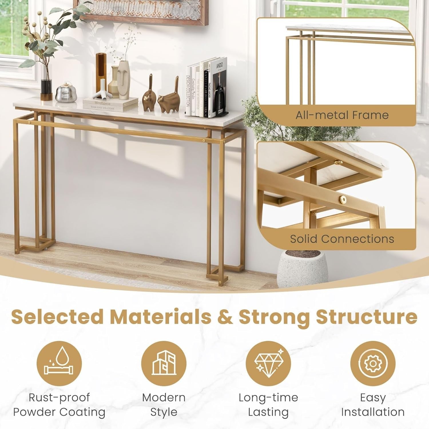 Slim Faux Marble Console Table, Modern Gold Frame, 120cm Entryway Accent