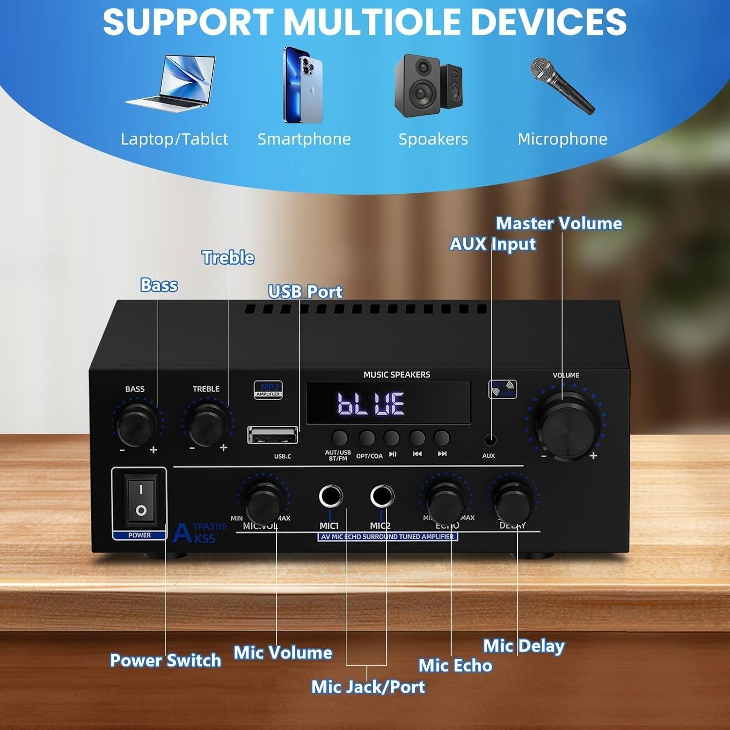 1000W Bluetooth 5.3 Stereo Amplifier 2 Channel HiFi USB FM MIC