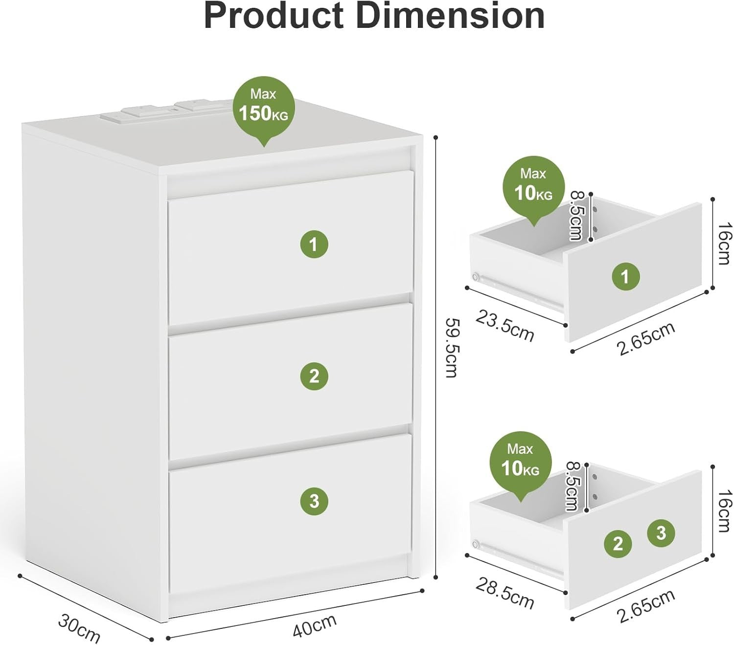 White Bedside Table with 3 Drawers & Power Station, Modern Wooden Nightstand